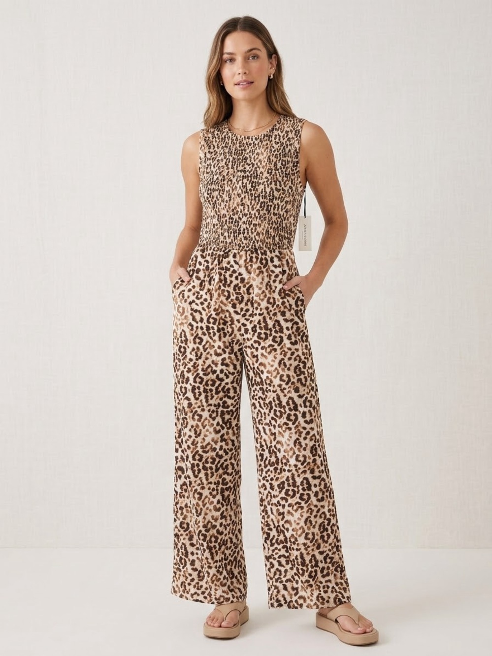 Calvin Klein Beige and Brown Leopard Print Sleeveless Jumpsuit